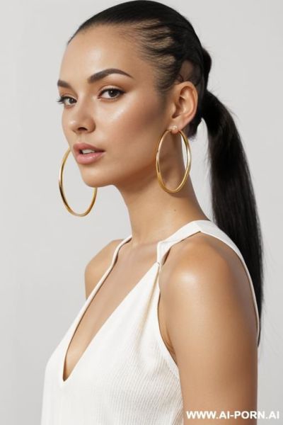 Hoop earrings golden jumpsuit direct eye contact with viewer white background - ai-porn.ai on pornsimulated.com