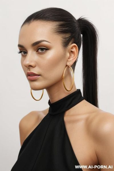 Front view, hoop earrings, golden jumpsuit, direct eye contact with viewer, white background. - ai-porn.ai on pornsimulated.com