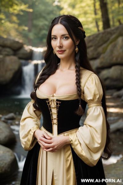 Woman with long black hair with a h of 147cm wearing tight office clothes with a plagiarized bra detail - ai-porn.ai on pornsimulated.com