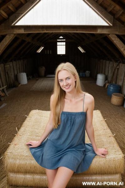 Very long hair, body facing the camera, good eye contact, blonde hair, blue eyes, beautiful face, wearing a short summer dress, laying down on the hay - ai-porn.ai on pornsimulated.com