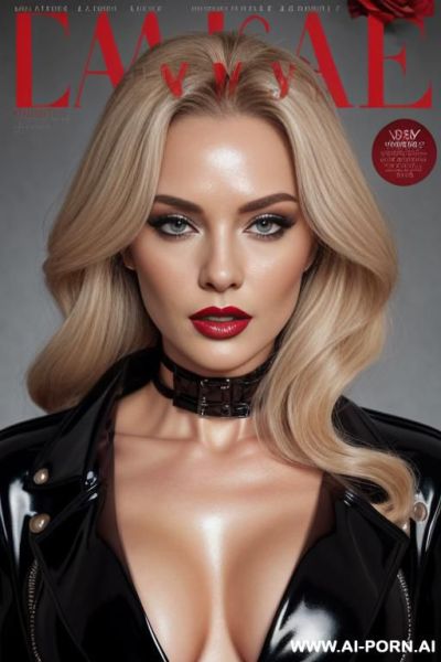 Magazine cover. ultrarealistic. front faceing. detailed. gray background. beautiful. cleavage. red roses. spring. black latex coat - ai-porn.ai on pornsimulated.com