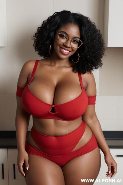 1woman, black woman, very dark skin, massive breasts, huge breasts, breast overflow, deep cleavage, curvy, chubby, thick thighs, wide hips, large afro, voluminous curly black hair, red glasses, brown - ai-porn.ai on pornsimulated.com