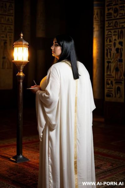 Ancient egyptian chubby fifty years old blackhaired female priestess,, in a light traditional dress,, from behind,, face not visible - ai-porn.ai - Egypt on pornsimulated.com