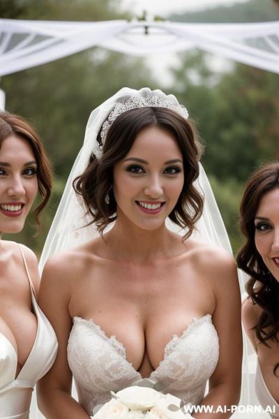 Three sexy topless brides stand behind, sexy happy face, short fluffy curly hair, wedding veil, very massive tits, direct eye contact with viewer, medium shot. - ai-porn.ai on pornsimulated.com