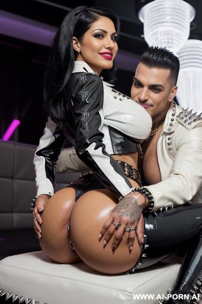 ((((persian rap milf kissing a muscular punk man on the lips)))) with ((((((gigantic tits)))))) and (((long hair))), (makeup) , (((tight spiked white latex jacket))) (((tight spiked black latex - ai-porn.ai - Iran on pornsimulated.com