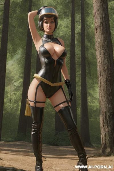 A woman in a tight bodysuit wearing a helmet with her breasts exposed - ai-porn.ai on pornsimulated.com