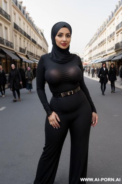 3-year-old moroccan woman in paris, black jilbab, very tight black long-sleeve top emphasizing large breasts, white high-waisted pants, confident pose with hand on hip, parisian street with classic - ai-porn.ai - Morocco on pornsimulated.com