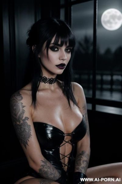 Dark gothic woman, skin, long black hair, smoky eyes, black lipstick, lace choker, silver rings, fishnet sleeves, platform boots, moonlight glow, melancholic expression, dark aesthetic, victorian goth - ai-porn.ai on pornsimulated.com