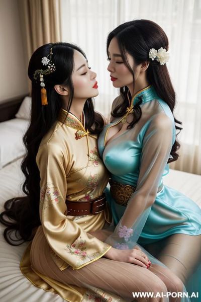 Tea party, full clothes, pleated dress, chinese clothes, traditional clothes, chinese wedding, old china outfit , lights color coat , 2 womens, lying on bed, women on top, hugging each other, kissing, lookimg at another - ai-porn.ai - China on pornsimulated.com