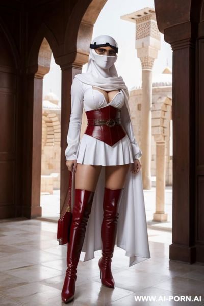 Niqab red leather high boots - ai-porn.ai on pornsimulated.com
