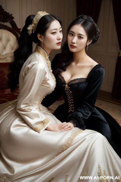 Room, victorian dress, voluminous dress, full clothes, black dress, lying on lap, hugging each other, many housemaid in background - ai-porn.ai on pornsimulated.com