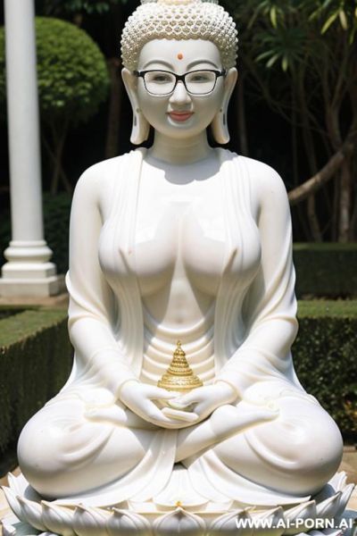 Thai, fair skin, plump, big breasts, curly hair, glasses, white see-through dress, garden, buddha statue. - ai-porn.ai - Thailand on pornsimulated.com