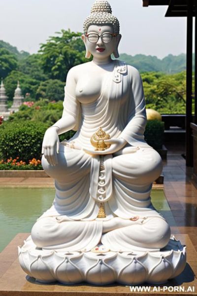 Thai woman, fair skin, plump, large breasts, curly hair, glasses, white see-through dress, garden, buddha statue. - ai-porn.ai - Thailand on pornsimulated.com
