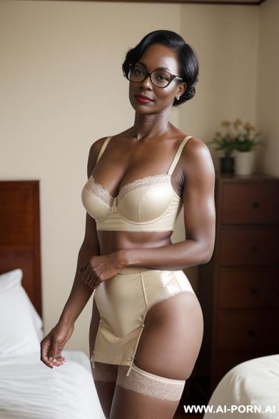 Keep face, latex lingerie, brightly lit room, full body view, standing position, side view, slightly chubby stomach, looking directly at viewer - ai-porn.ai on pornsimulated.com