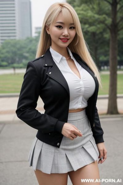 1 girl, pornstar, woman, milf, 4, middle eastern, platinum blonde, voloptuos, full-bosomed, hourglass, athletic, gigantic breasts, big round breasts, massive breasts, huge boobs, high ponytail, full - ai-porn.ai on pornsimulated.com