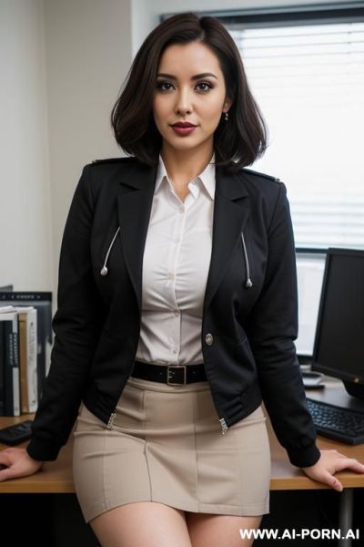Hot babe, doctor coat, office shirt, skirt, short bobcut, gigantic saggy tits, confident serious look - ai-porn.ai on pornsimulated.com