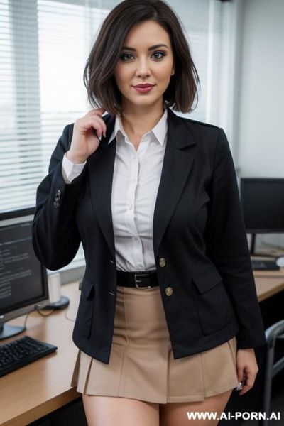 Hot babe, doctor coat, office shirt, skirt, short bobcut, huge tits - ai-porn.ai on pornsimulated.com