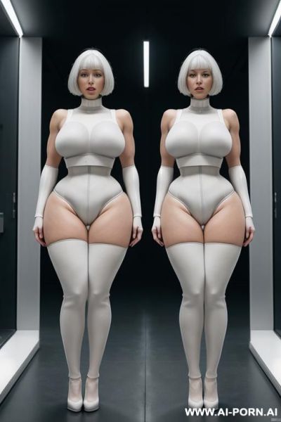 Totally naked, sexbot , futurist woman clones,(( white grey skin synthetic color)) narrow waist, saggy massive tits, ((wide hips)), big ass, round ass,((( thick thighs))), ((muscular legs)), full body view - ai-porn.ai on pornsimulated.com
