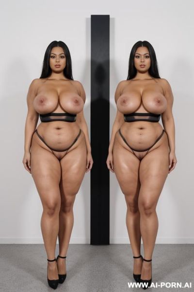 Totally naked, totally nude, naked, nude, no clothes, milf futurista woman clones, narrow waist, saggy massive tits, ((wide hips)), big ass, round ass,((( thick thighs))), ((muscular legs)), full body view - ai-porn.ai on pornsimulated.com