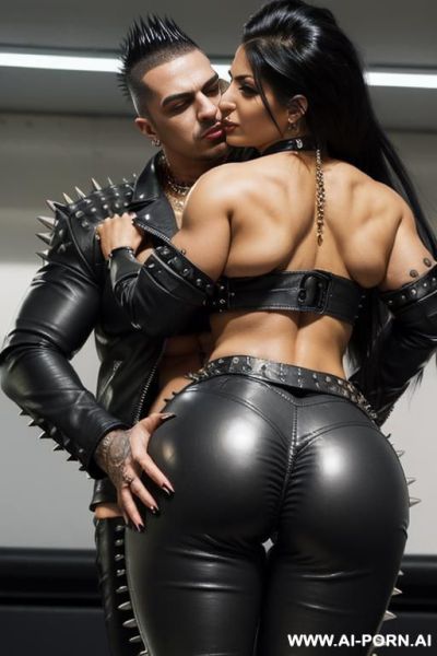((((persian rap milf hugging a muscular punk man)))) ((((((gigantic tits)))))) and (((long hair))), ((makeup)) , (((tight spiked black leather jacket))) (((tight spiked black leather hotpants))) (((boots))) ((((((big ass)))))) (((woman straddling a man))) - ai-porn.ai - Iran on pornsimulated.com