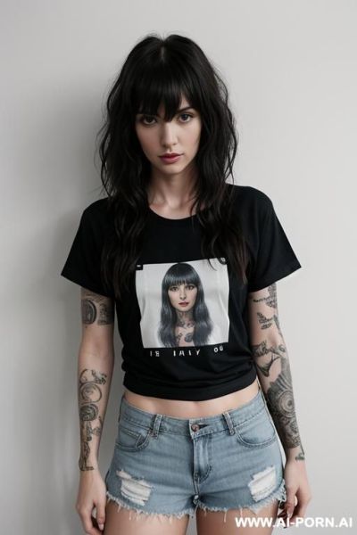Tattoos, tattoos, front facing, plain background, medium wavy hair with bangs, completely sheer t-shirt, shorts - ai-porn.ai on pornsimulated.com