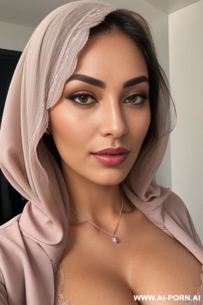 Ultra-realistic close-up selfie portrait of a very attractive 25-30 year old woman with middle eastern / arab features, flawless tanned olive skin, sharp jawline, full lips with glossy nude-pink - ai-porn.ai on pornsimulated.com
