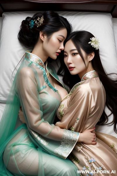 Tea party, full clothes, pleated dress, chinese clothes, traditional clothes, chinese wedding, old china outfit , lights color sheer coat , 2 womens, lying on bed, women on top, hugging each other, neck kissing, lookimg at another - ai-porn.ai - China on pornsimulated.com