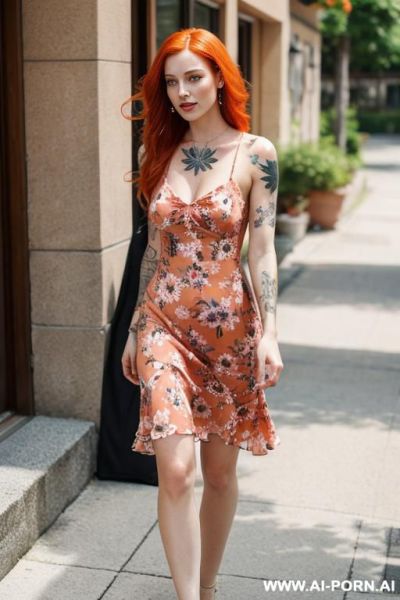 Woman, ginger, no makeup, tattoo, floral summer dress - ai-porn.ai on pornsimulated.com