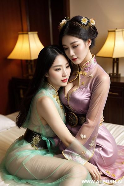Tea party, full clothes, pleated dress, chinese clothes, traditional clothes, chinese wedding, old china outfit , lights color sheer coat , 2 womens, lying on bed, women on top, hugging each other, kissing, lookimg at another - ai-porn.ai - China on pornsimulated.com