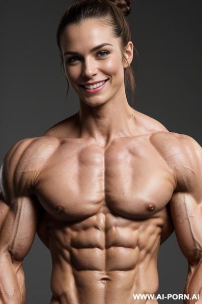 ((nude smiling very muscular short fbb woman k. knightley with rockhard pecs)), (((nude))), ((naked)), (((very white skin with muscle veins))), ((short extreme sculpted abs)), ((nude very muscular - ai-porn.ai on pornsimulated.com