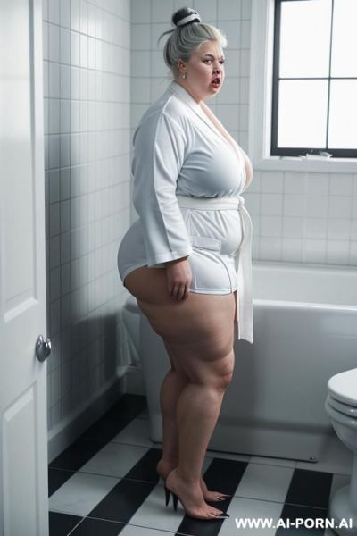 Ultra saggy pendulous tits, fat arms, fat ass, opening her white bathrobe, show boobs, side view, very obese woman - ai-porn.ai on pornsimulated.com