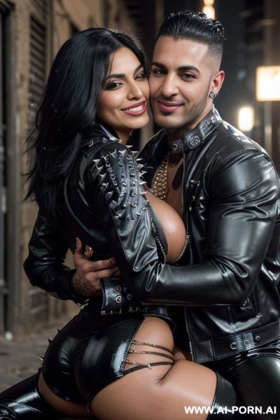 ((((arab rap milf hugging and kissing a muscular punk man on the lips)))) with ((((((gigantic tits)))))) and (((long hair))), (makeup) , (((tight spiked black latex jacket))) (((tight spiked black - ai-porn.ai on pornsimulated.com