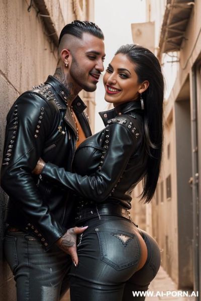 ((((arab rap milf hugging and kissing a muscular punk man on the lips)))) with ((((((gigantic tits)))))) and (((long hair))), (makeup) , (((tight spiked black leather jacket))) (((tight spiked - ai-porn.ai on pornsimulated.com