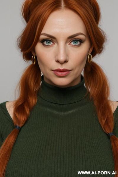 Huge cumshot on face, gorgeous mature face, narrow waist, round hips, long hair, full make up, necklace, earings, virgin jumper, fullshot camera - ai-porn.ai on pornsimulated.com