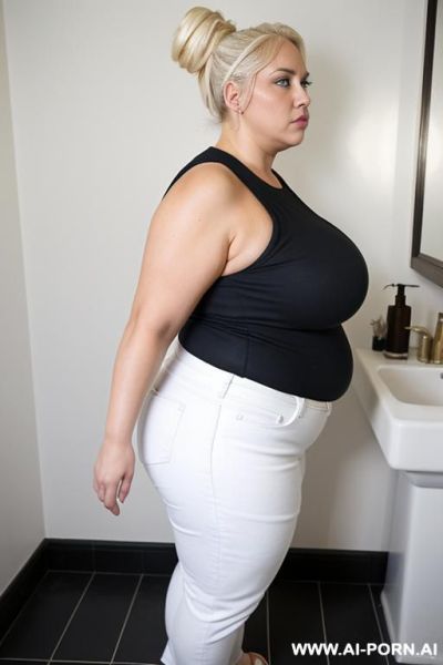 Ultra obese woman with very saggypendulous boobs, fat arms, huge ass, pendulous nipples, side view - ai-porn.ai on pornsimulated.com