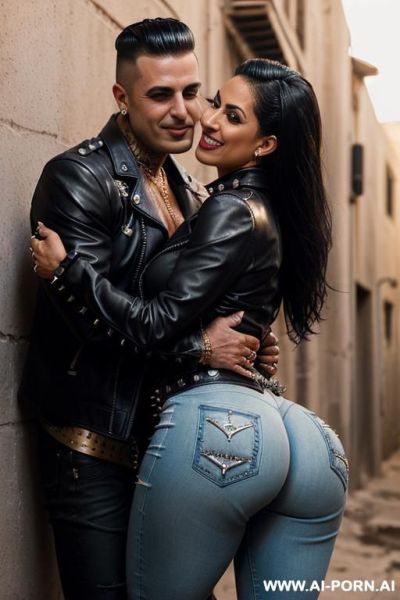 ((((arab rap milf hugging and kissing a muscular punk man on the lips)))) with ((((((gigantic tits)))))) and (((long hair))), (makeup) , (((tight spiked black leather jacket))) (((tight spiked - ai-porn.ai on pornsimulated.com