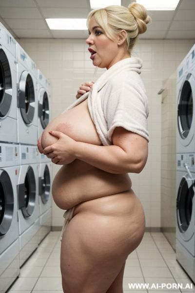 Ultra obese woman with very saggypendulous boobs, fat arms, huge ass, pendulous nipples, side view, looking at the ground, opening her bathrobe - ai-porn.ai on pornsimulated.com