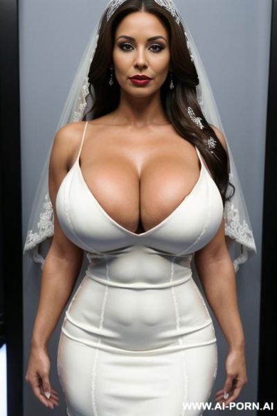 (((((extremely big boobs)))), (ultra deep tanned skin), ((fit))), (((((bride dress))))), (extremely beautiful make-up), red lip gloss, seductive, extremely slutty, very wicked, ((((ultra realistic)))), (((extremely long hair))), older woman. - ai-porn.ai on pornsimulated.com
