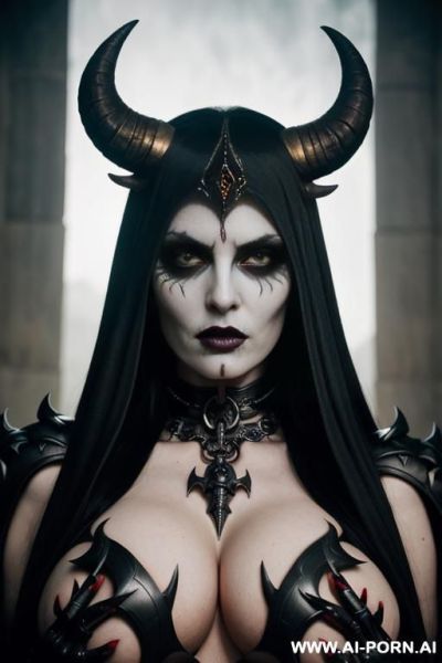 Goddess of darkness, full of accessories, evil seductive look, evil skull queen, demon skull goddess, extreme big horn red - ai-porn.ai on pornsimulated.com
