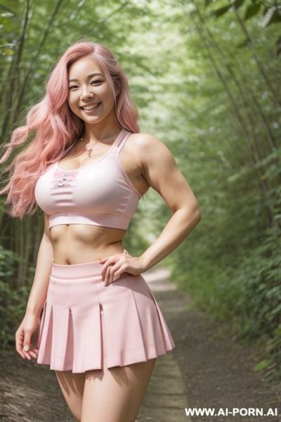 (japanese), (lean), (long hair), (thick thighs), (huge thighs), (wide hips), (pink skirt), (rose pink sports bra), (smiling), (gravelled nature trail), (midriff) - ai-porn.ai - Japan on pornsimulated.com