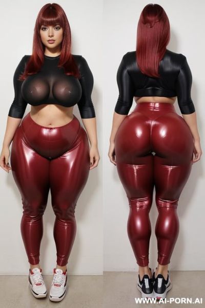 ((((a curvy plus size woman )))), standing she is looking over her shoulder at the camera, wearing a high-waisted shiny glossy leggings that accentuate her (((full hips and buttocks))).(((((gigantic - ai-porn.ai on pornsimulated.com