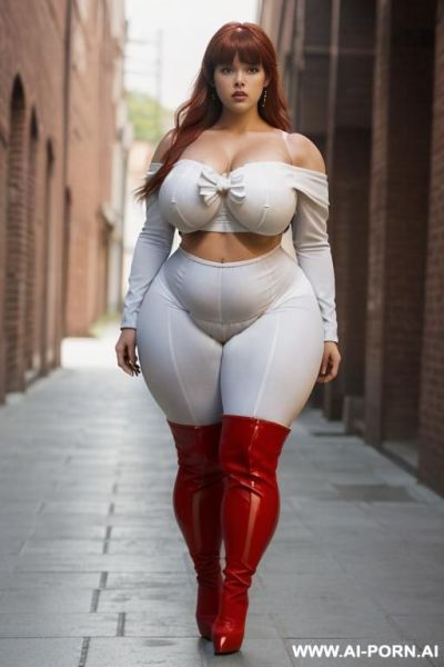 ((((a curvy plus size woman ))))with long hair , standing outdoors on a brick-paved path. she is looking over her shoulder at the camera, wearing a white off-the-shoulder crop top and - ai-porn.ai on pornsimulated.com