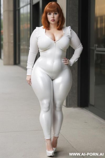 Office slut , office slut leggins, narrow waist, ((wide hips)), big ass, (((round ass)), (((thick thighs))), ((muscular legs)), ((high platforms heels)), full body view, fully clothed ,((extremely white pallid skin)), ((ghastly white shiny skin)) - ai-porn.ai on pornsimulated.com
