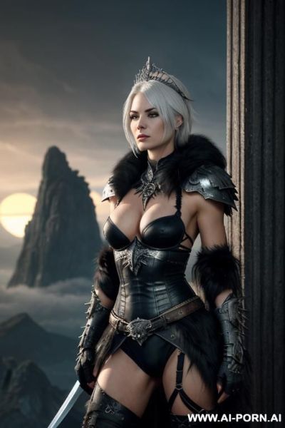 (front view), (eye contact), looking at viewer, dark fantasy swordswoman, dominant body pose, threaing looking woman, arrogant cruel face, ultra realistic, slender sinewy body, sharp breasts, (pallid - ai-porn.ai on pornsimulated.com