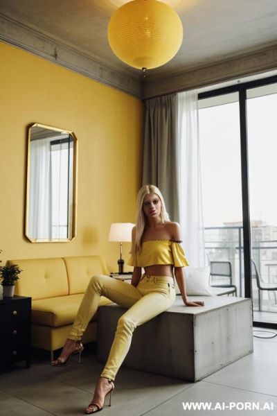 Empty yellow concrete rooms bright lights ceiling lamps big rooms - ai-porn.ai on pornsimulated.com