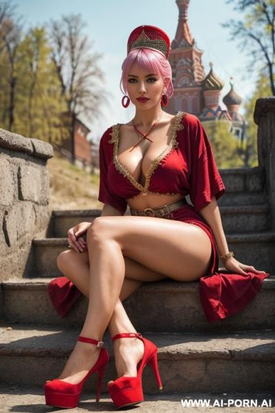 (((full body shot))), hoop earings, (stylish pixie haircut), (most beautiful women ever), (sexy milf), photorealistic image of an alluring sitting seductively on stone stairs, showing pussy, (legs - ai-porn.ai - India on pornsimulated.com