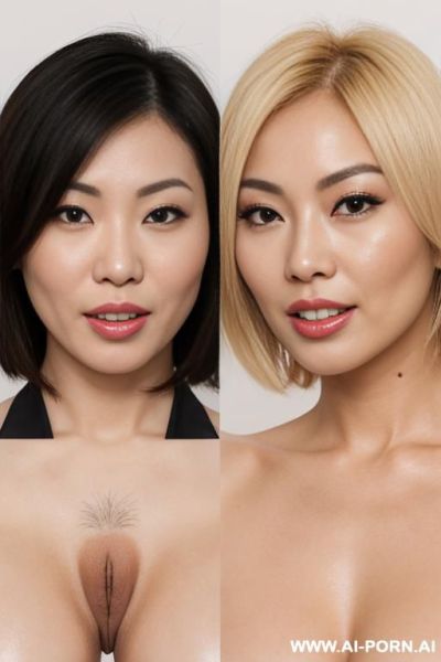 Two different women making out sloppily. asian, hairy pussy, short blonde hair. two different women that look different from each other. one is asian the other is ginger white. - ai-porn.ai on pornsimulated.com