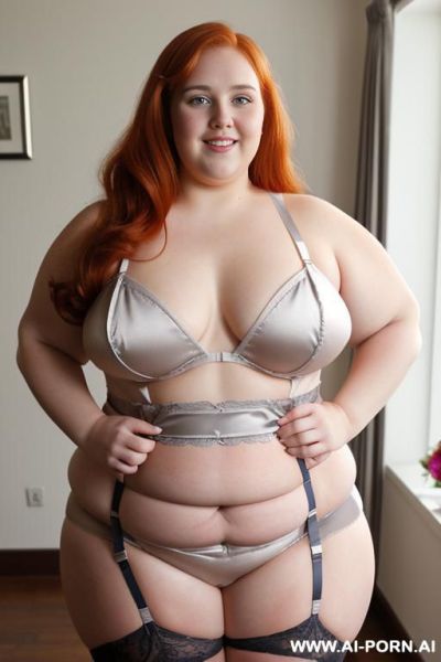 Half body photo shot close up. a ((british obese fat bbw redhead)), ((thick with love handless)). ((wearing a gray bright sexy and hot garter belt bride lingerie of flowers, and a silk micro-skirt)). she is smiling - ai-porn.ai - Britain on pornsimulated.com