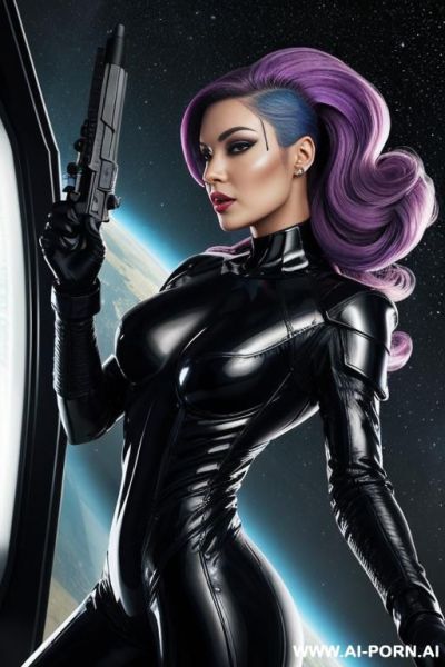(front view), (looking at the viewer), (detailed face), (detailed skin), (detailed hands), sci-fi extraterrestrial ufo solder, holds laser rifle in her hand, inside the spaceship - ai-porn.ai on pornsimulated.com