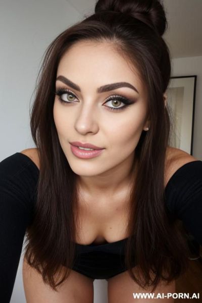 Chav (frontal view) (keep face) hourglass figure, bubble butt, narrow waist, wide hips, amazing thighs, thigh gap, neat hairy pussy, firm boobs (perfect model face), big smokey eyes (eye contact) - ai-porn.ai on pornsimulated.com
